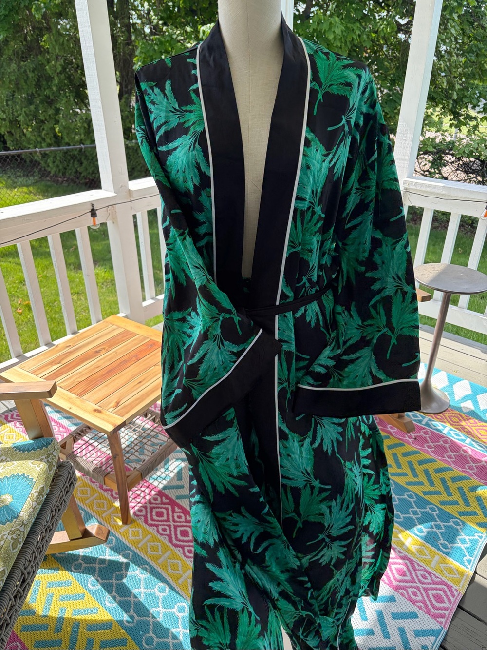 Fe Noel for Target Black & Green Palm-Print Satin Coverup Robe and Pants Set